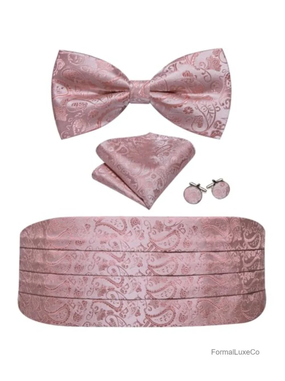 Silk Blend Paisley Bow Tie Cummerbund Set with Pocket Square & Cufflinks Formal